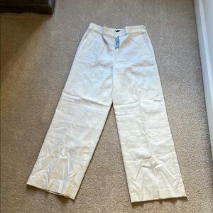Ann Taylor Off-White Wide Leg Herringbone Linen Blend Trousers